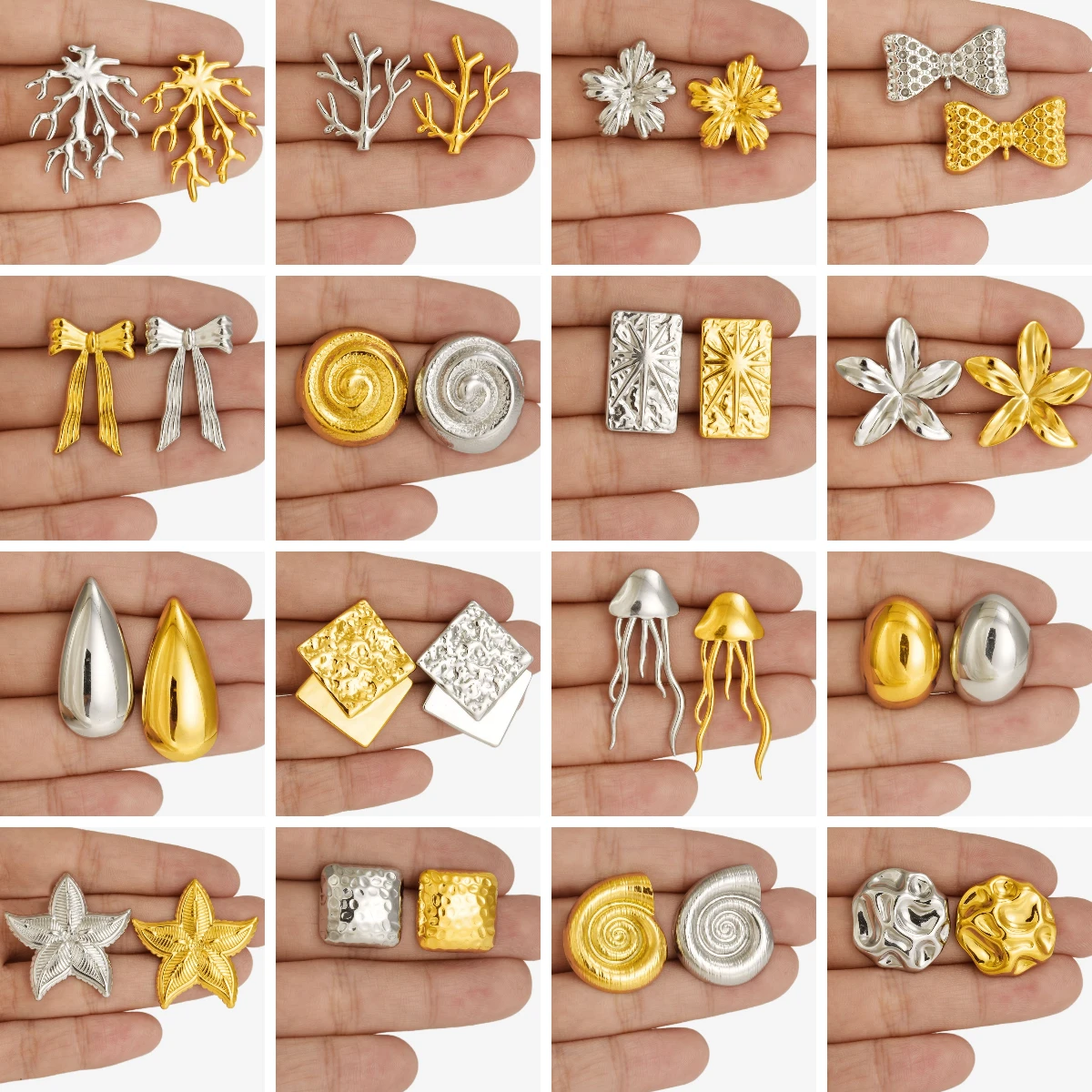 Fashion Gold Plated Stainless Steel Tree Flower Starfish Conch Jellyfish Stud Earrings Women Jewelry Charms Party Gifts No Fade