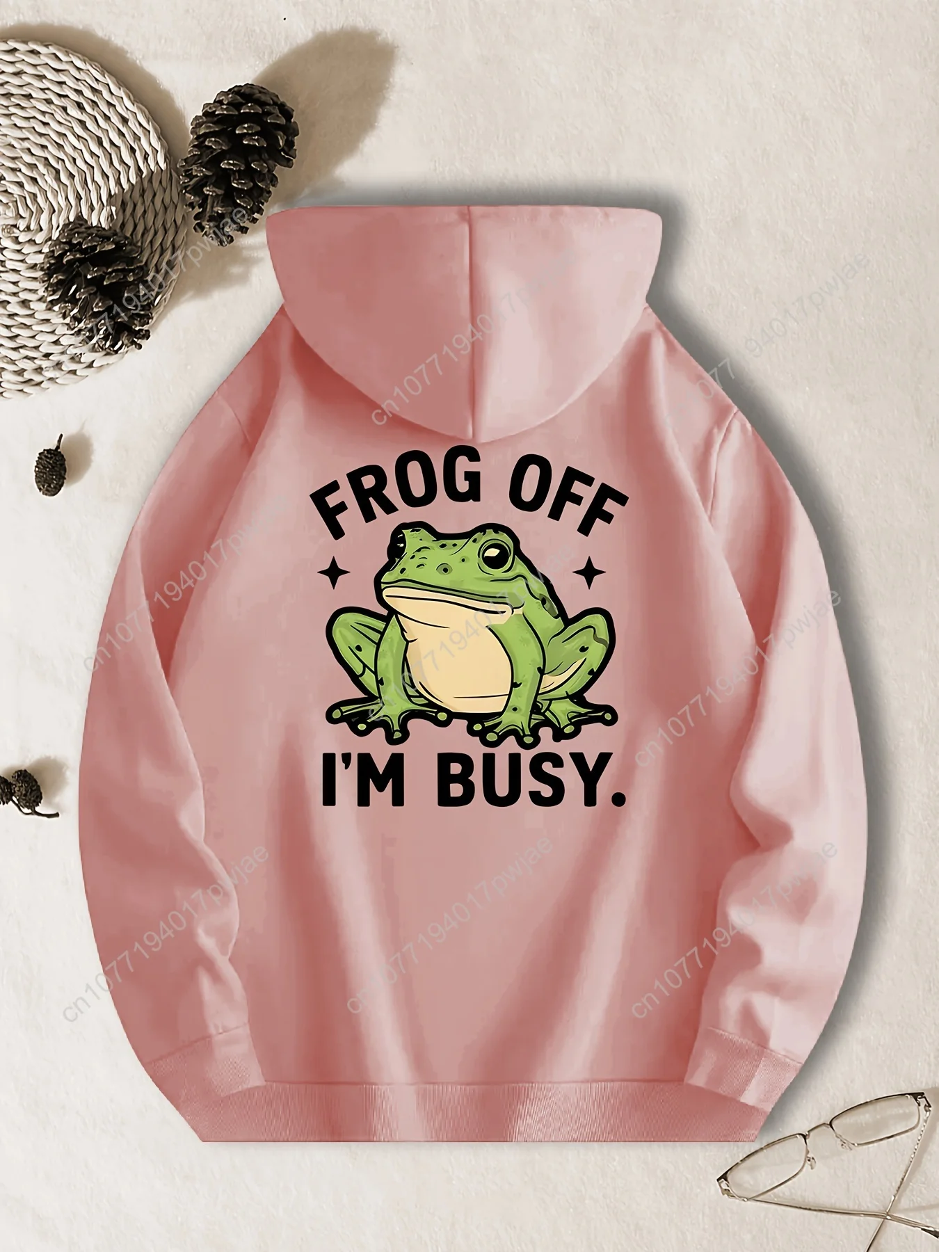 Sweater Kasual Pria Berkerudung dengan Cetakan Grafis 'FROG OFF I'M BUSY', Pola Geometris Hitam, Pullover, Saku Depan, Mesin Cuci