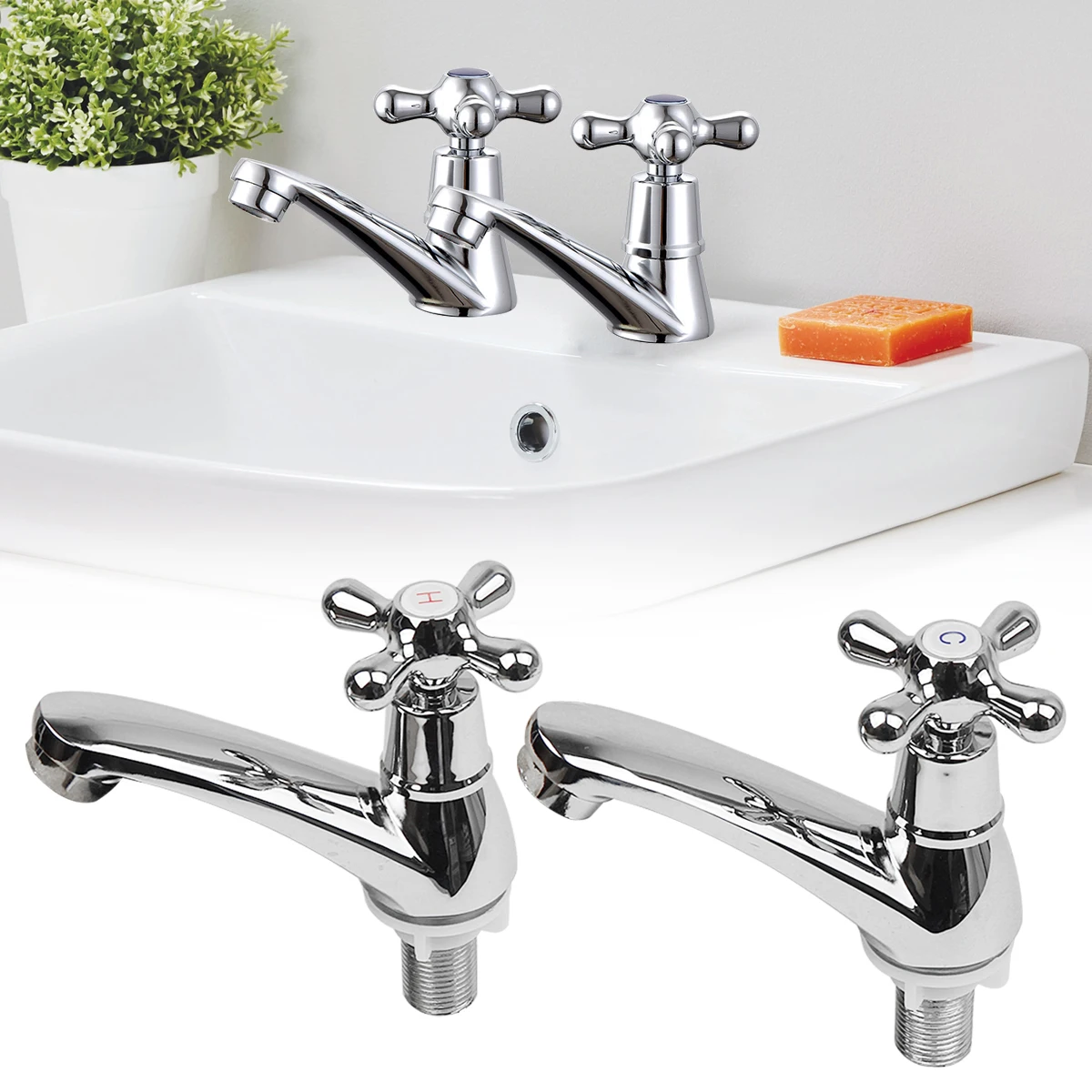 2 Pcs Cross Wheel Single Cold Faucet Wash Basin Single Hole 4 Points Alloy Bathroom Toilet Kitchen Modern Simple