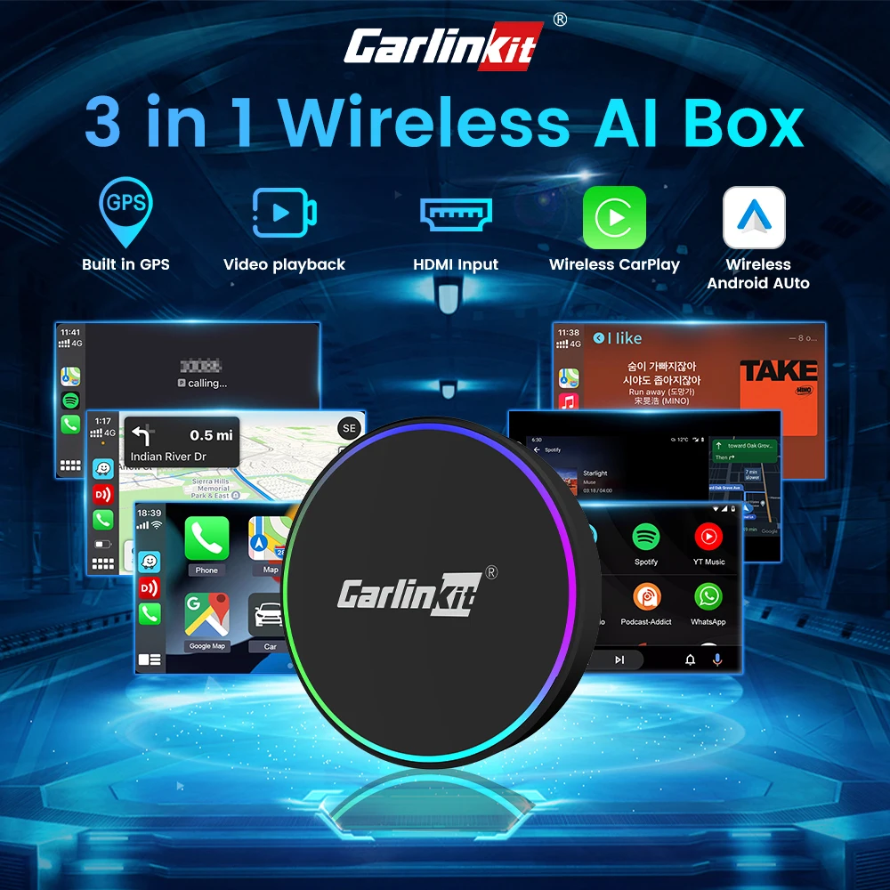 CarlinKit MINI HD2CP Pro Wireless CarPlay AI Box Android Auto TV Box 2025 جديد 2K HD HDMI مدخل دونغل لموسيقى Youtube Netfliex