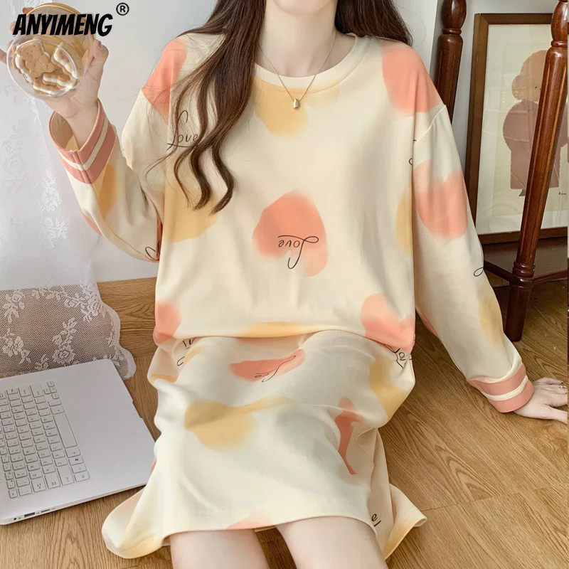 Women Nightgowns Autumn Spring New Long Sleeves Faux Cotton Sleepshirts O-neck Nightdress Casual Lady Long Gowns Milk Silk Dress