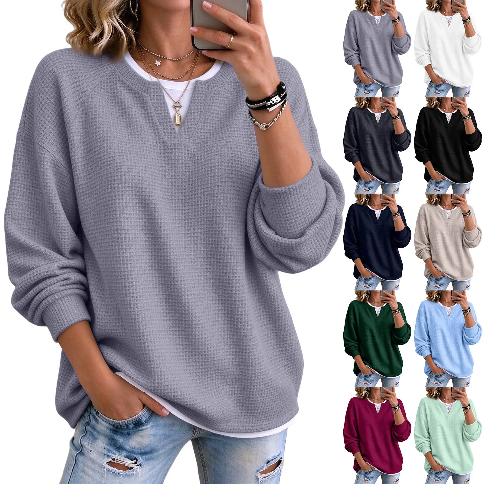 Waffle Sweatshirt Women Trendy Long Sleeve Waffle Sweatshirt Casual Loose V Neck Women Top Casual Loose V Neck Fashion Pullover
