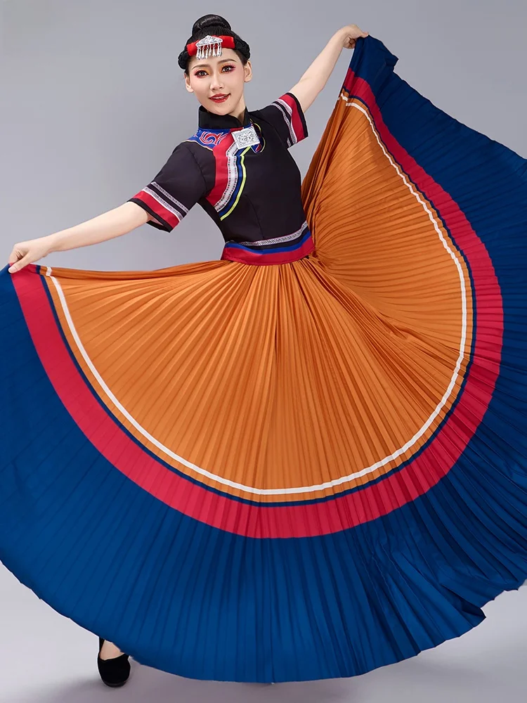 

New Adult Women's Dance Performance Costume Set Large Skirt Ethnic Stage Outfit Yunnan Sichuan Liangan Ladies Clothes