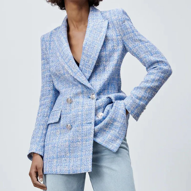 2022 Fashion Double Breasted Tweed Check Women Blazer Vintage Long Sleeve Pockets Female Outerwear Chic Jacket