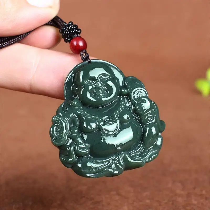 Natural Hetian Jade Maitreya Buddha Pendant Coins, Wealth-Attracting Amulet for Men & Women, Green Jade Necklace Charm