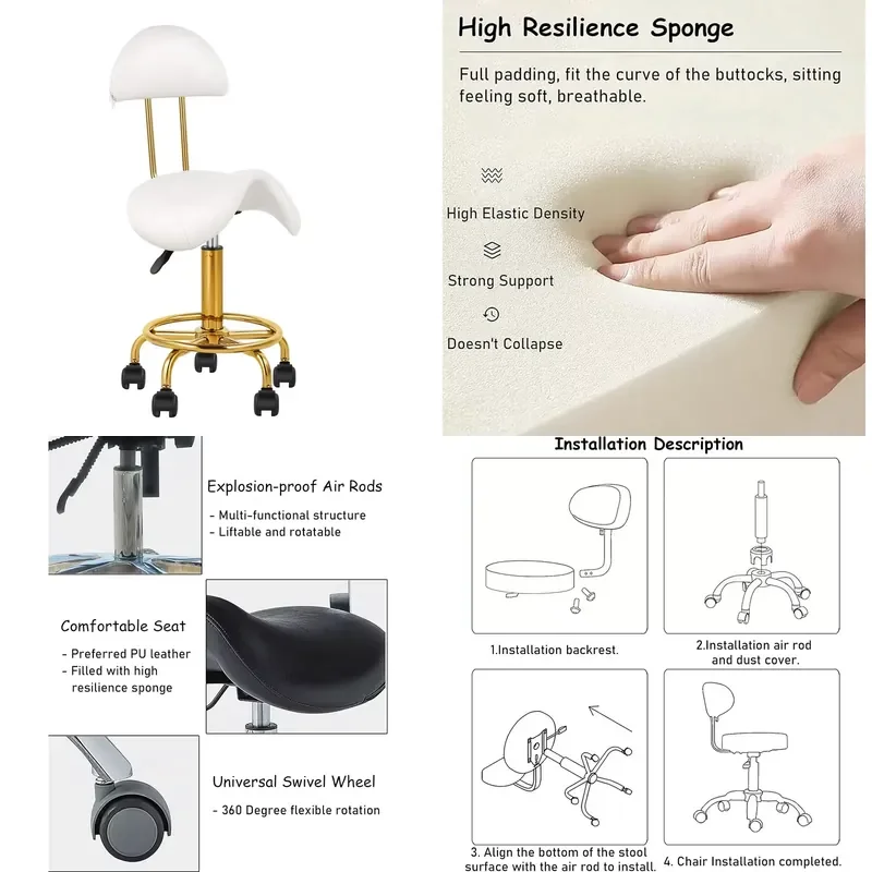 for Saddle Stool With Back Support Ergonomic Barber Gold Chair With Wheels Hydraulic Stool For Tattoo Salon Shoppe Spa