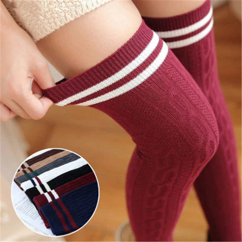 Sexy Stockings Female Thigh High Over The Knee Socks Fashion Women's Long Cotton Stocking Twist Vertical Stripe Two-bar Japanese