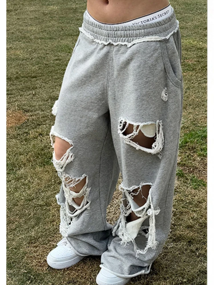 HOUZHOU Distressed Gray Baggy Joggers Women Hip Hop Style Grunge Wide Leg Holes Sweatpants Oversized Gyaru Streetwear Trousers