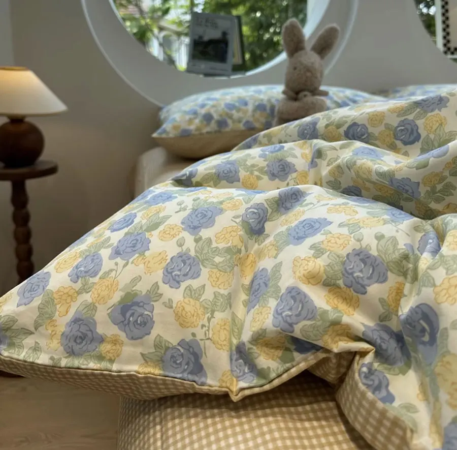 Fresh green blue yellow flower bedding set single double,twin full queen cotton home textile bed sheet pillow case quilt cover