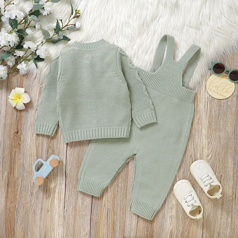 Newborn Baby Clothes Set Knit Infant Girl Boy Sweater Long Sleeve+Sling Romper Autumn Child Cardigan +Jumpsuit 2PC Fashion Solid