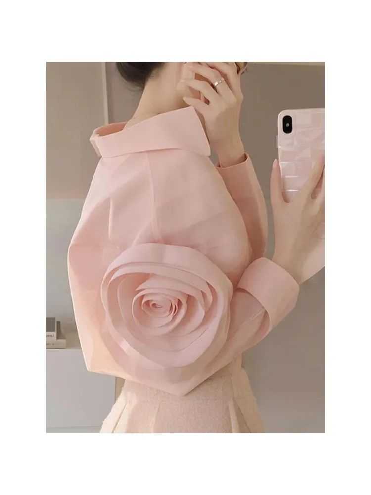 

Women's Shirt Long Sleeve Rose 3D Applique Elegant Fashion Casual Shirt Suitable For Spring/Summer Office Party Evening Top