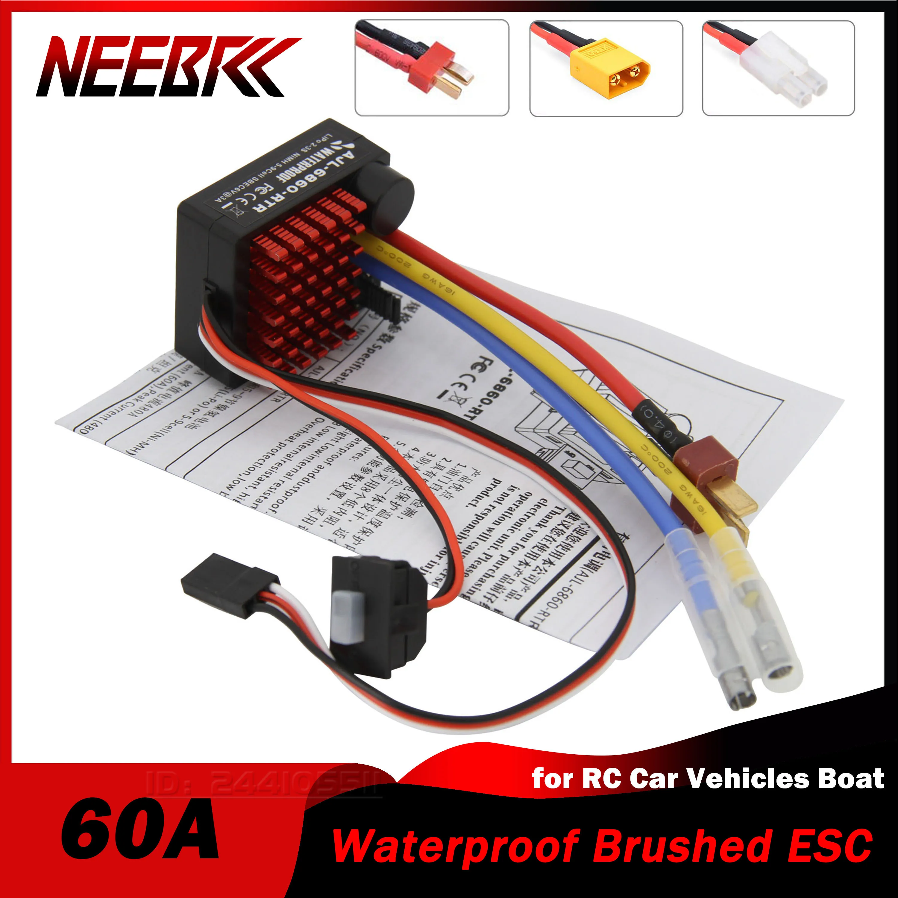 60A Brushed ESC Waterproof 6V/3A BEC Built-in 3 Modes T/XT60/Tamiya 2-3S for RC Model Car Vehicles Boat Tanks 540/550/750 Motors