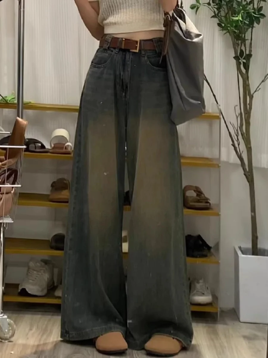plus Size Women's American High Street Wide Leg Jeans Straight Cut Loose High Waist Long Pants Vintage Style All Seasons