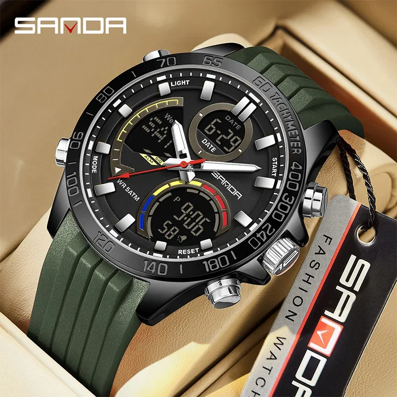 

SANDA Dual Display Electronic Watch Men Dual Movement Stopwatch 5ATM Waterproof Night Light Multifunction Student Sports Watch