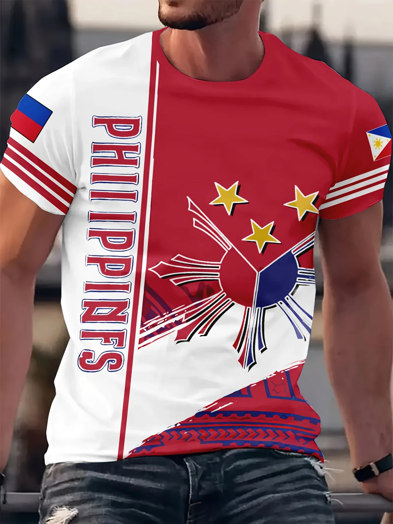 

Мужская повседневная футболка из полиэстера в стиле Филиппинов — круглый вырез, легкий эластичный трикотаж