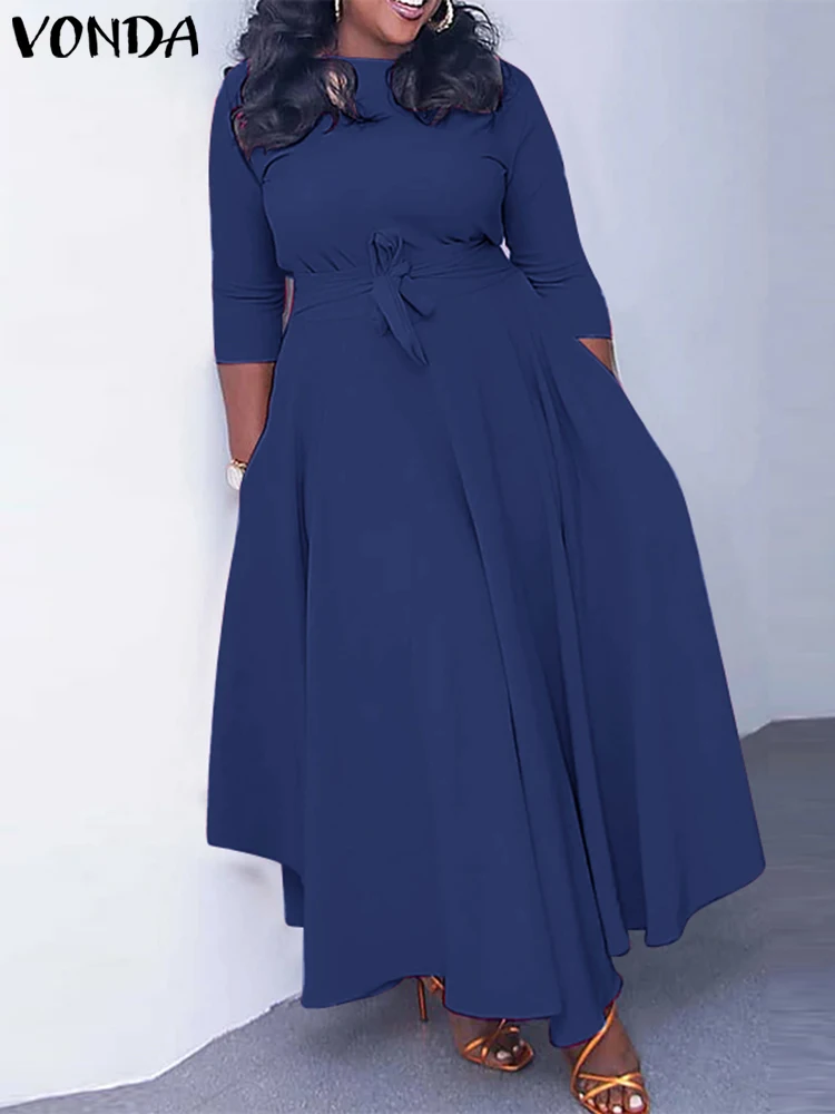 Plus Size 5XL VONDA Women Long Sleeve Elegant Dress Round Neck Solid Color A Line Vestido Belt Lace Up Party Evening Robe Femme