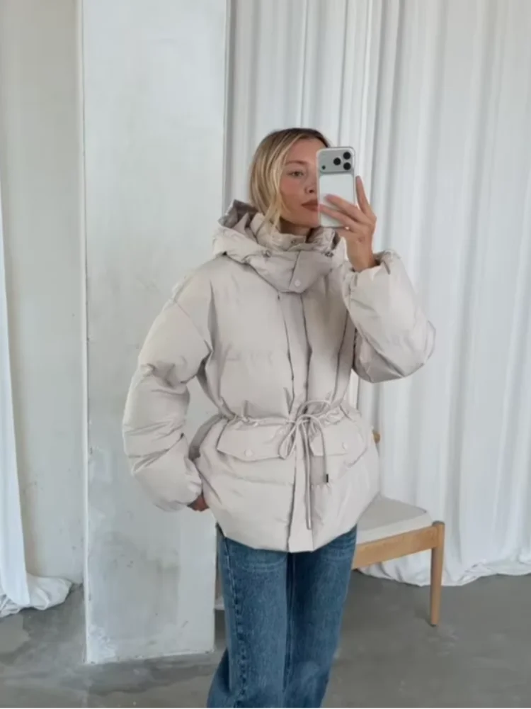 Women Hooded Drawstring Waist Puffer Coat Detachable Hood Zip Up Pocket Loose Padded Jacket 2026 Winter Casual Cotton Coats