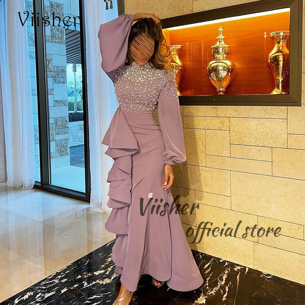 

Viisher Lavender Mermaid Evening Dresses with Pearls Long Sleeve High Neck Prom Party Dress Dubai Arabic Formal Gowns