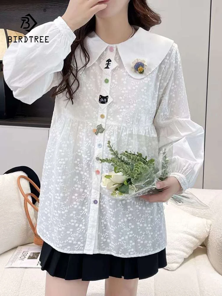 

New 2025 Winter Cotton Long Sleeve Shirt, Women Peter Pan Collar Embroidery, Mori Girl Sweet Age Reduction Loose Blouse T5N652CC