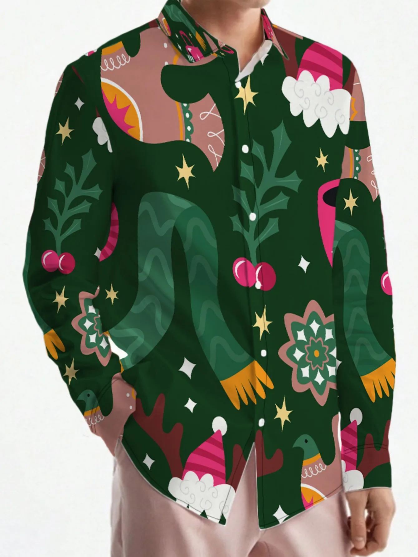 

​ ​ Мужская тропическая 3D цифровая рождественская рубашка с цветочным принтом свободного покроя с воротником Btn-Up для пляжного отдыха