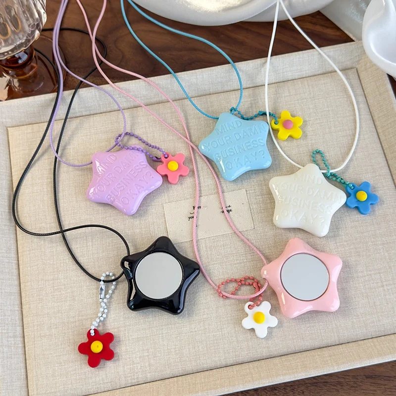 Colorful star letter makeup mirror, dopamine flower necklace, long neck hanging accessory, portable collarbone chain