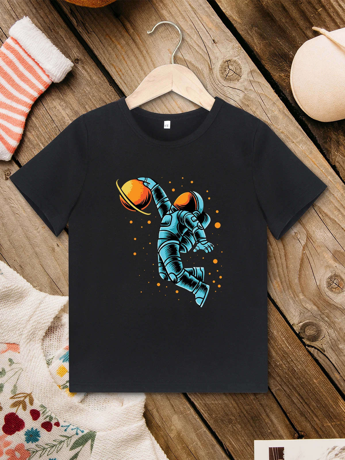 

Creative Stylish Kids Clothes Astronauts and Planet Pattern Boy T-shirts Basketball Sport Summer Outdoor Casual Kids Tops Black