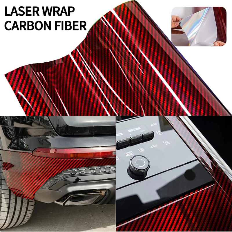 

Laser Red Carbon Fiber Car Stickers Glossy Holographic Color Change Film Self-Adhesive Vinyl Car Wrap Cover Air Release Foil