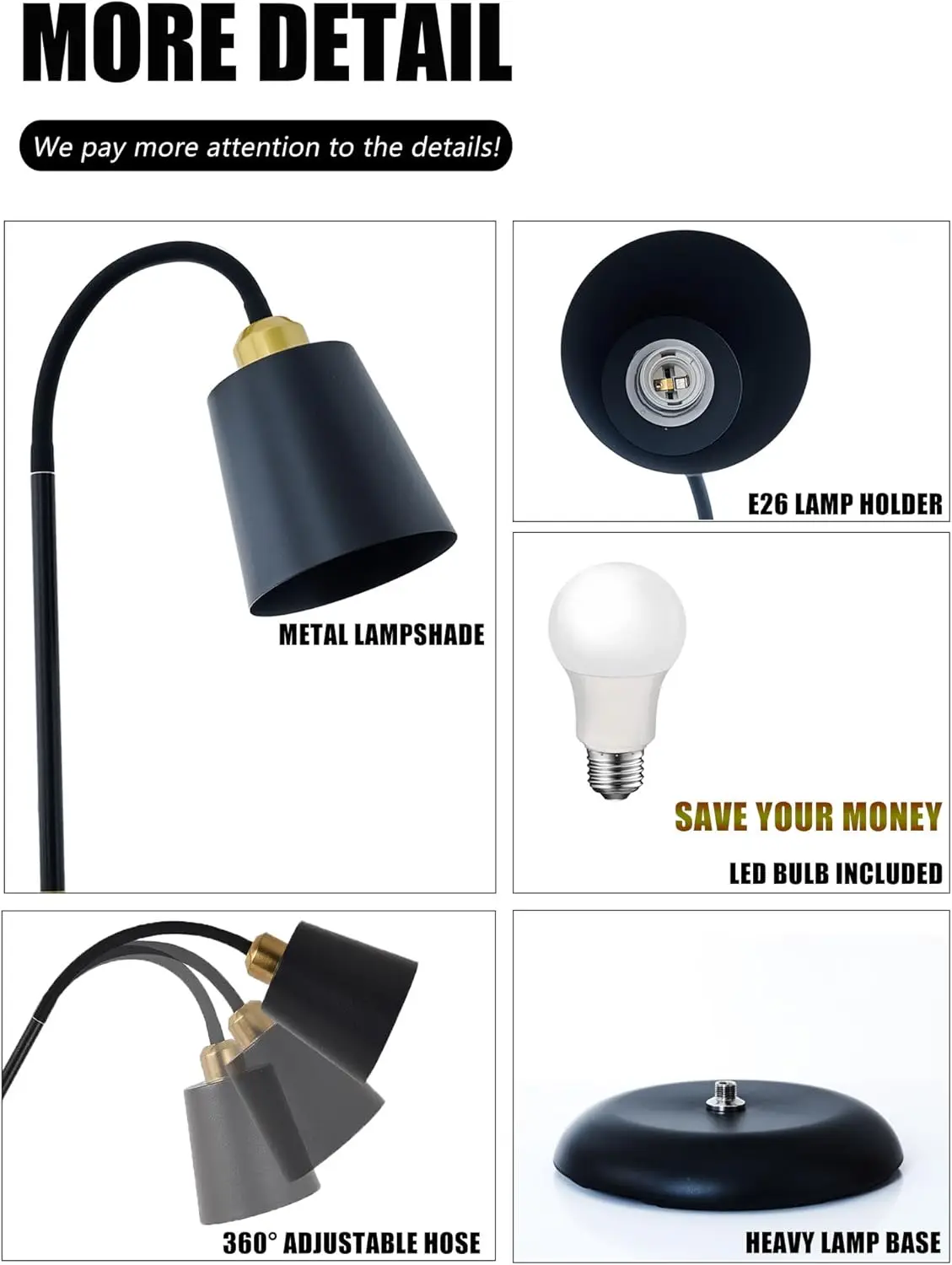 Adjustable Floor Lamp with LED Bulb, Industrial Design for Living Room, Bedroom, Office - Black view 6