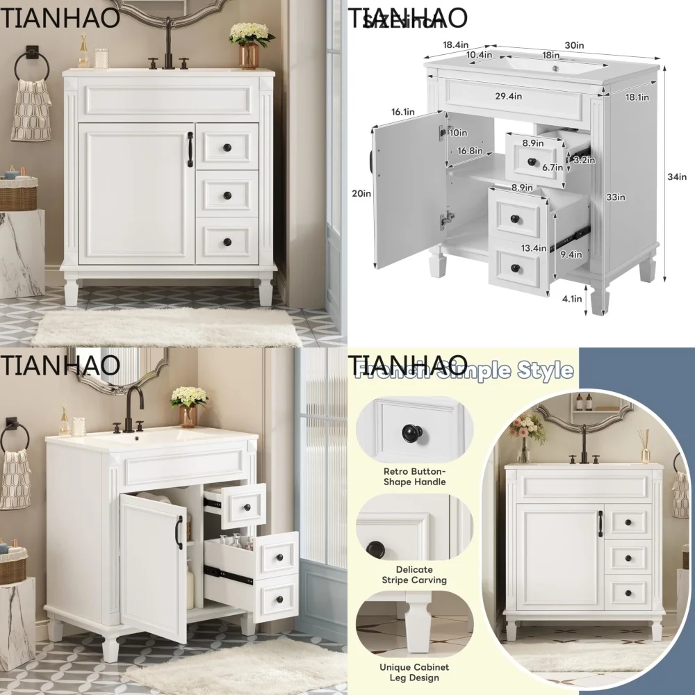 30 Inch Bathroom Vanity with Sink for Modern Bathroom Remodeling Solid Wood Frame Single Basin Cabinet with Door and Two