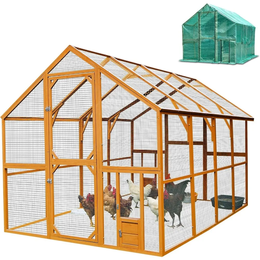 

Chicken Coop, 9.3 x 6.2 x 6 FT, Large Wooden Chicken Run with Waterproof Cover, Outdoor Walk-in Hen House, Year-Round for Backy