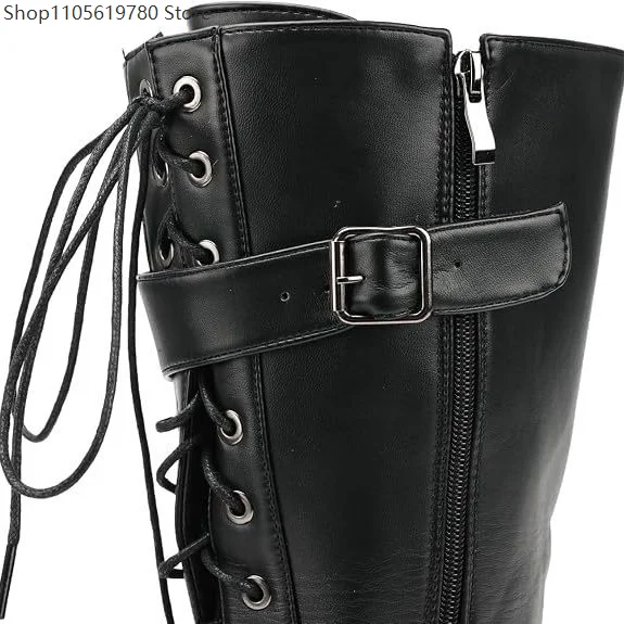 Medieval Renaissance Mens Tall Cosplay Boots Black Faux Leather Lace Up Buckle Knee Boots Pirate Role Play Footwear For Party 5