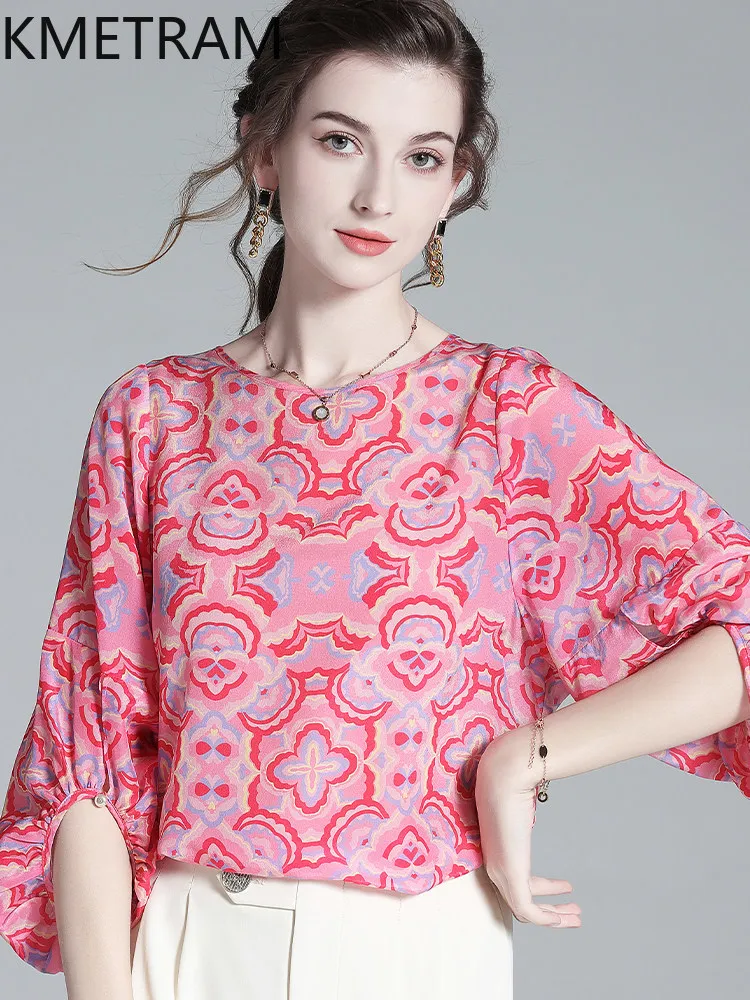 KMETRAM 100% Mulberry Silk T Shirts for Women Printed Pink T-shirt Three-quarter Sleeve Summer Tops 2026 Woman Clothes Футболка