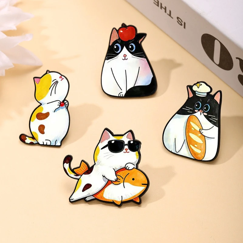 Cute Cartoon Cat Brooch Creative Bread Fish Shape Metal Enamel Pin Badge DIY Clothing Bags Hat Scarf Accessory For Kids Gift
