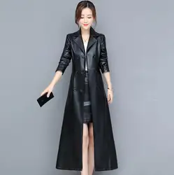 Frühling Herbst langer Mantel schwarzer Pu Leder Trenchcoat für Frauen Gürtel Zweireiher Casual Fashion Slim Jacke