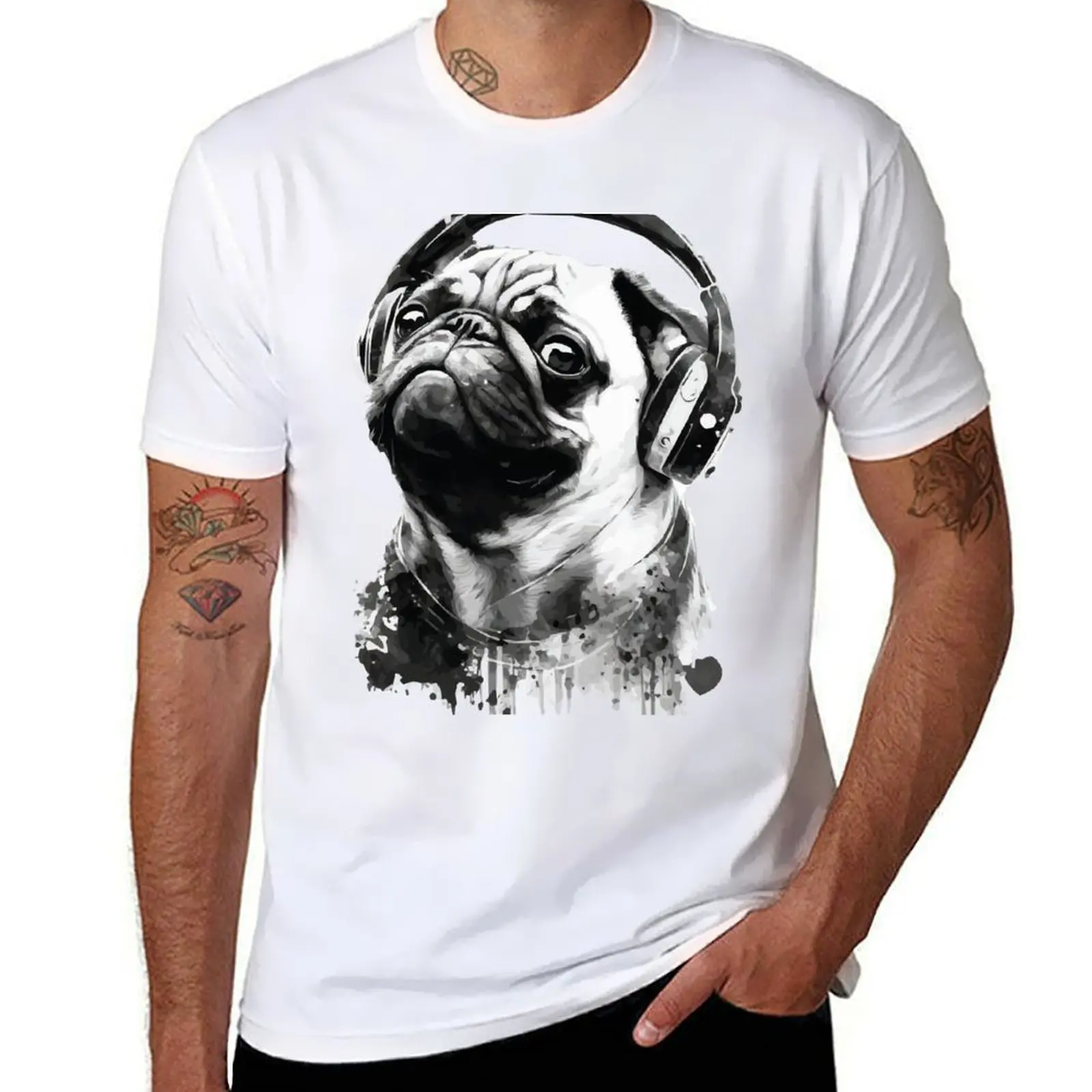 

A Cute Pug Wearing Headphones: Animal Street Art T-Shirt t shirts for man cotton funny man t shirts for men