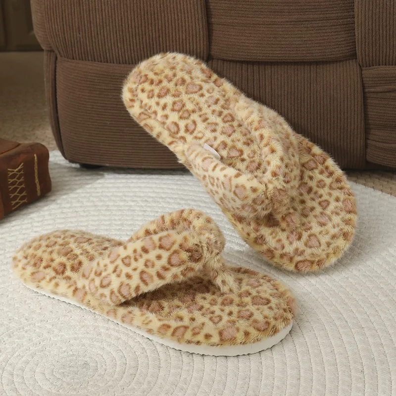 Modische, flauschige Flip-Flops mit Leopardenmuster für Damen, Herbst- und Winterschuhe, warme, weiche Hausschuhe mit Plüschfutter und EVA-Sohle, Mädchen-Hausschuhe aus Baumwolle. – Detail 8