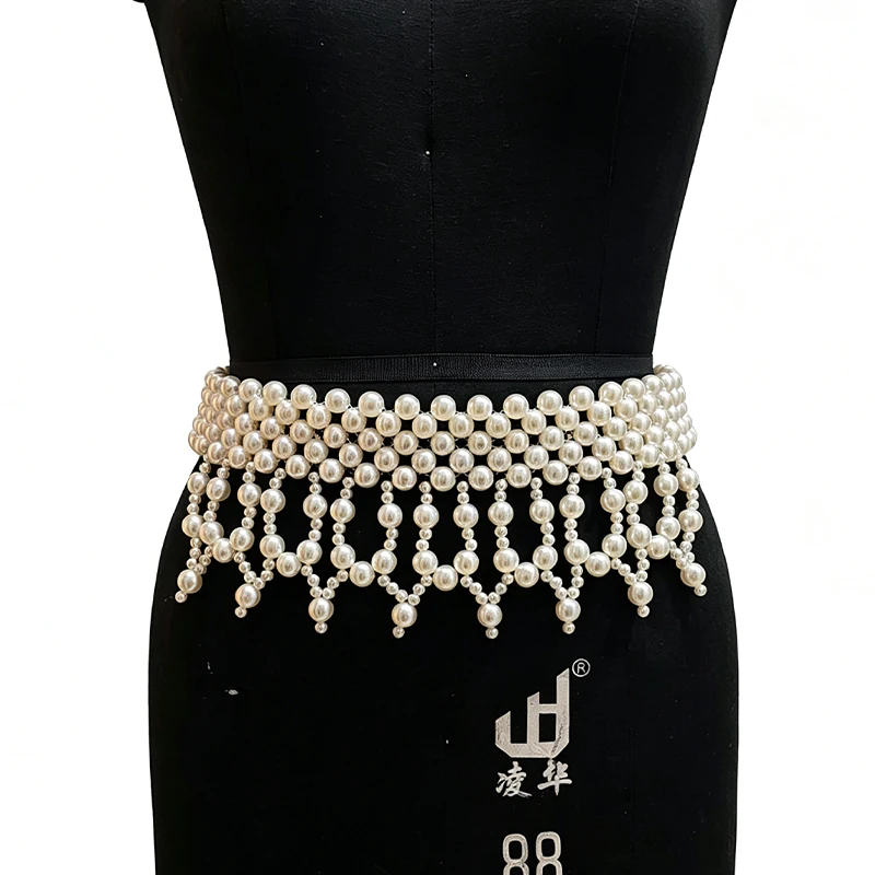 Female Handmade Festival Jewelry Vintage Garment Harness Pearl Body Waist Chain Skirt White Pearl Beaded Belt