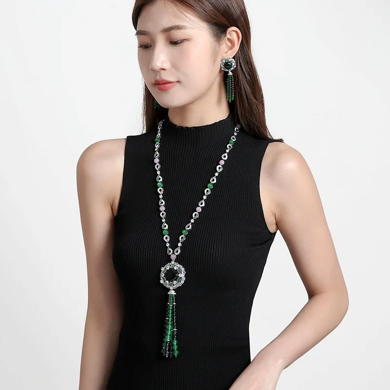 

AY Новый комплект длинного ожерелья для женщин, комплект ожерелья с фианитом, свитер, цепочка, ожерелье с подвеской, свадебные украшения