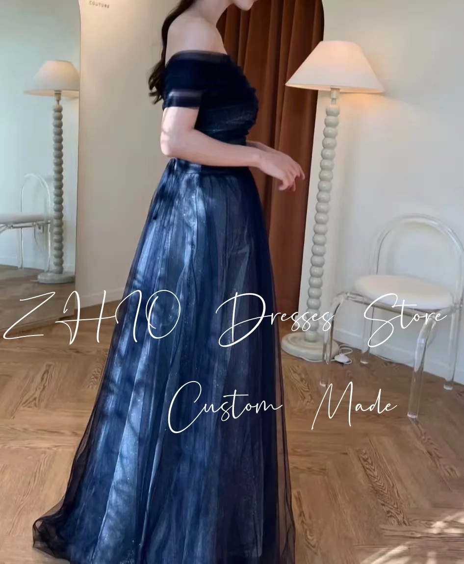 ZHIO لامعة الأزرق الداكن تول فستان حفلات الزفاف قبالة الكتف طول الأرض 2026 فستان سهرة كوريا تبادل لاطلاق النار فستان زفاف مخصص