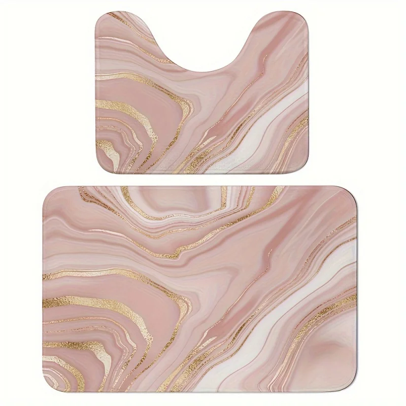 Pink Marble 2pcs Bathroom Rug Set - Non-Slip, Absorbent Microfiber Mats with U-Shaped Toilet Mat, Machine Washable, Perfect for