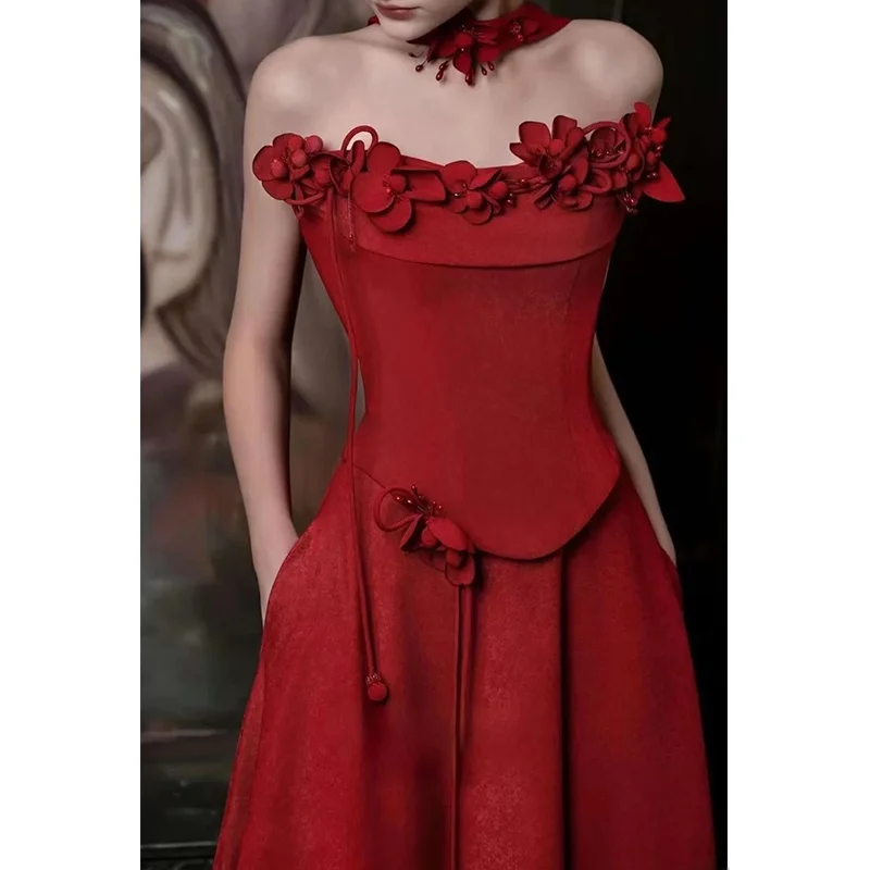 

Красное вечернее платье для невесты, женское, на одно плечо, для помолвки, свадебной церемонии, с длинной юбкой, в корейском стиле, Sweet Promise