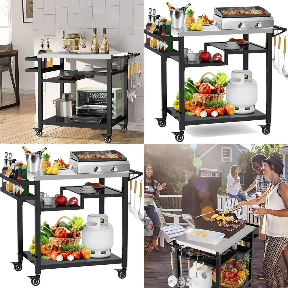 

Versatile Outdoor Pizza Oven Stand with 3-Tier Prep Cart for Grilling, Parties, and Camping
