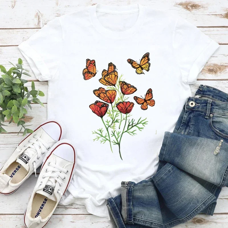 

2024 Summer Women T-shirt Design Butterfly Flower Print Short Sleeve Tee Shirt 90s Vintage Graphic Streetwear Y2k Clothes Tops