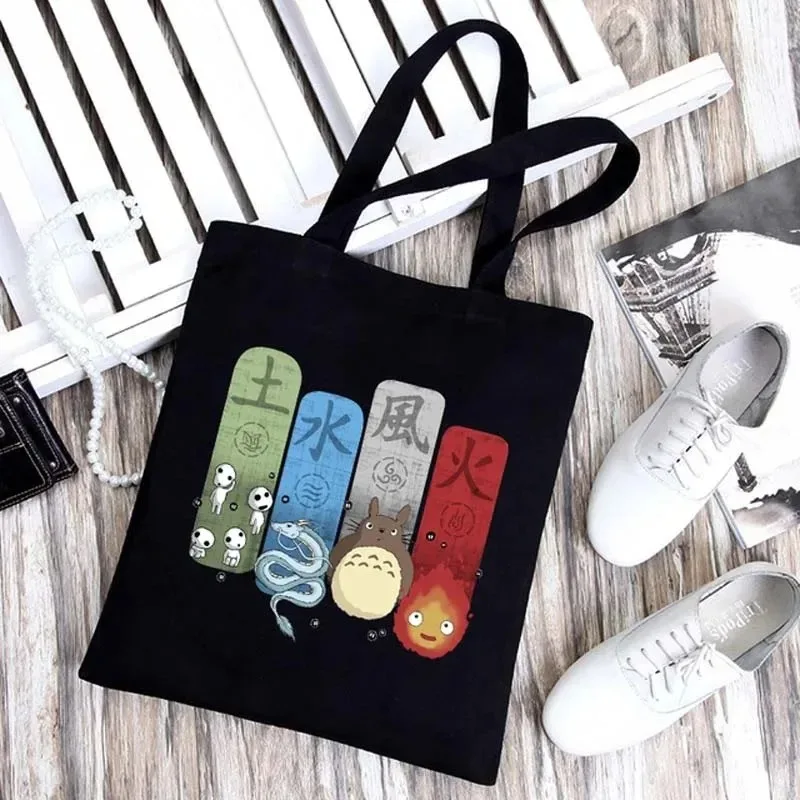 حقيبة كتف قماشية سوداء من Studio Ghibli قابلة للطي وخفيفة الوزن، حقيبة تسوق كبيرة قابلة لإعادة الاستخدام وصديقة للبيئة للاستخدام غير الرسمي