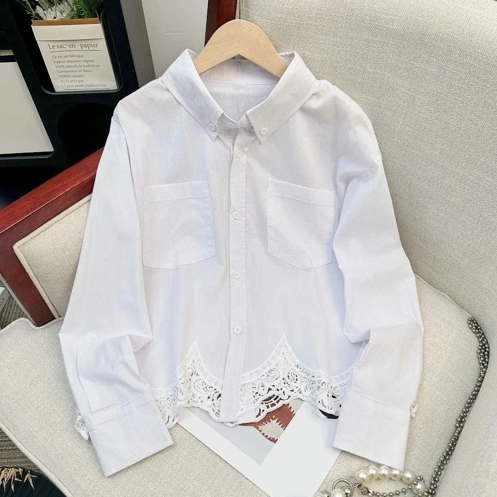 

Irregular Lace Women's Plain Lace Shirt Long Clothing Sleeves Leisure Lapel Korean Style Blouse White Streetwear