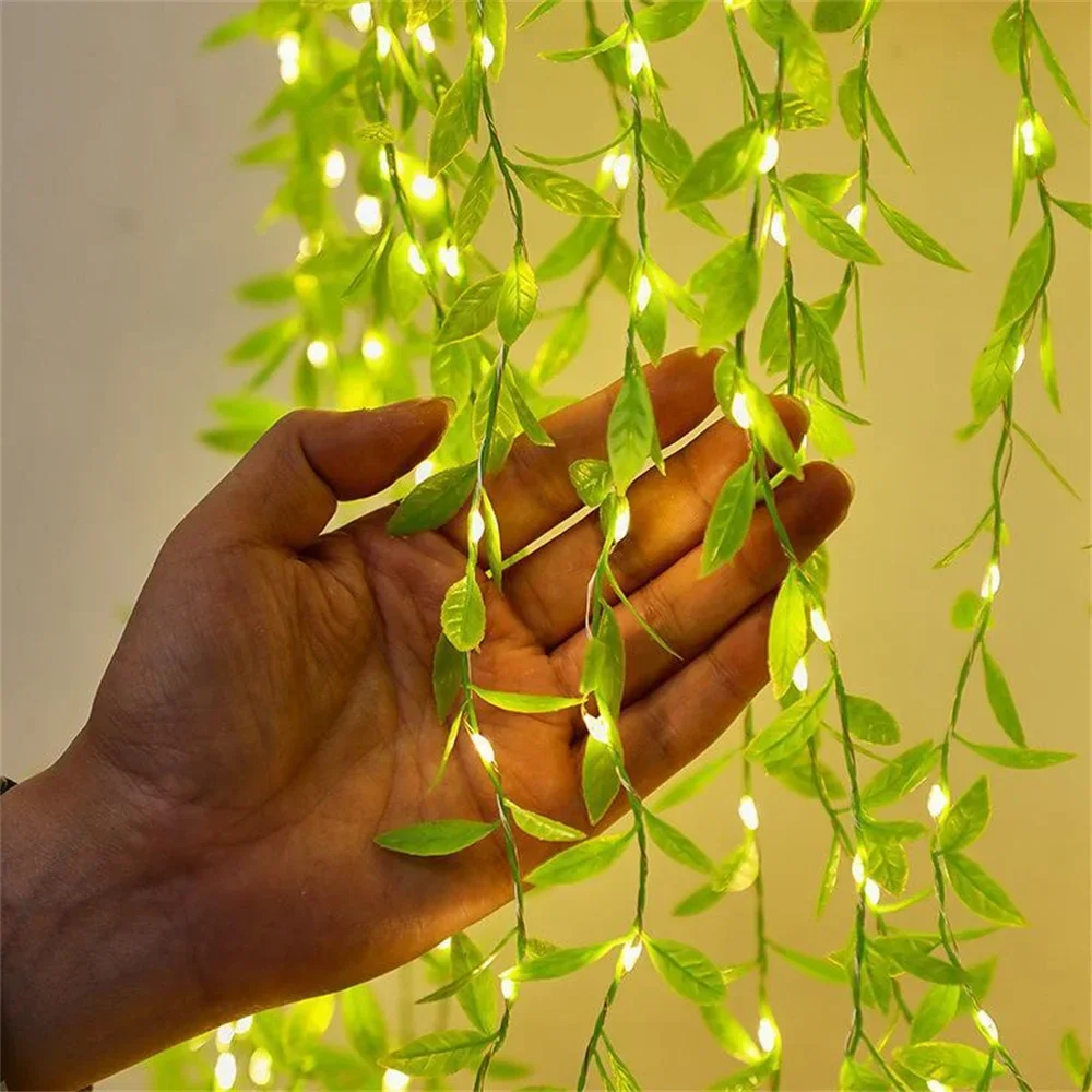 2 M 20 LEDS Always on Battery Box Willow Curtain Lamp Decorative Light String Imitation Leaf Wrought Iron Basket Copper Wire