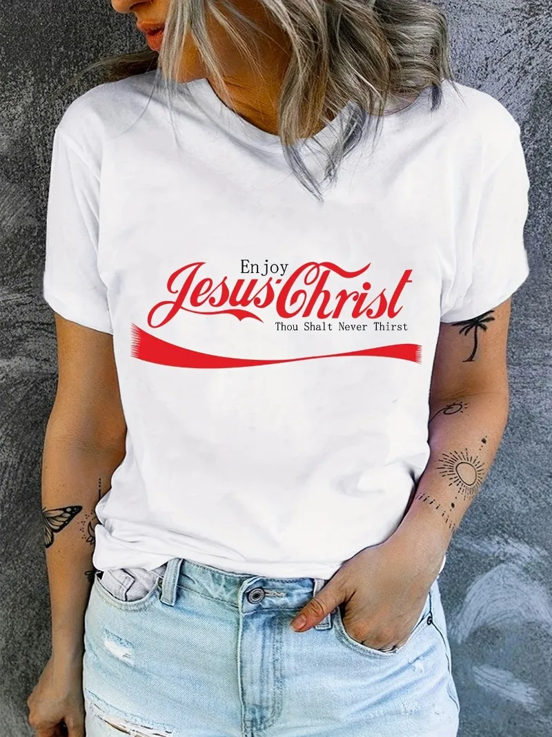 Camiseta con estampado de Jesús para mujer, Top informal de manga corta con cuello redondo para verano y primavera