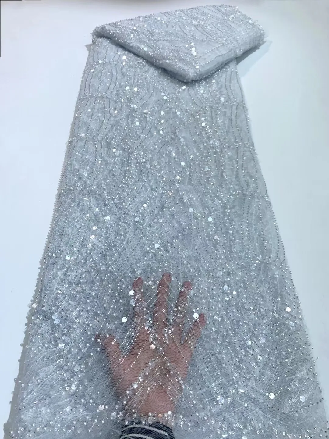 

Luxury Evening Dresses 2024 High Quality Embroidery French Lace Fabric African Sequins Beaded Tulle Lace Fabric for SewingFS5836