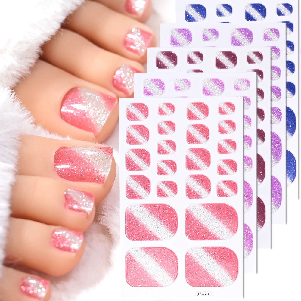 

22tips Glitter Lines Toe Nail Wraps Strips Pink Glitter Self-Adhesive Full Cover Toe Nail Stickers Summer Foot Nail Decoration