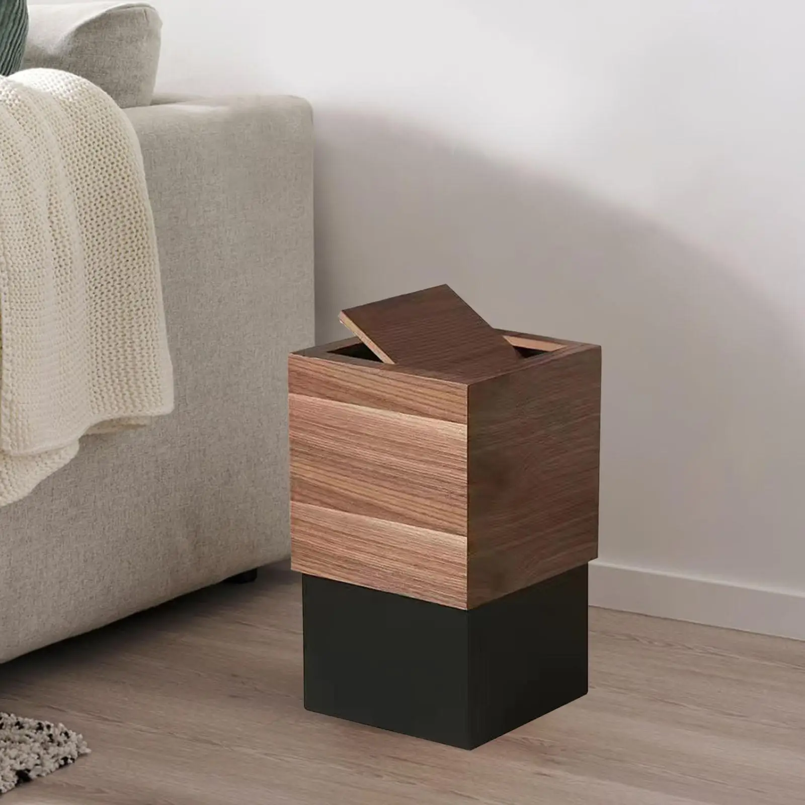 Slim Wooden Trash Can MDF Waste Bin Flip Lid Compact Garbage Container for Bedroom Kitchen Office Bathroom Indoor